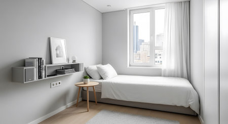 A minimalist bedroom with a white bed, grey shelf, and a large window showing a city skyline.