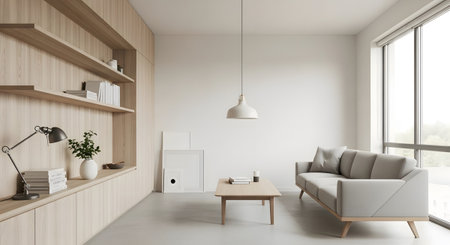 A bright, minimalist living room light wood built-in shelves, a grey sofa, and a wooden coffee...