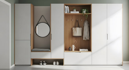 A minimalist entryway showcases white storage, wood accents, a bench, and a round mirror.