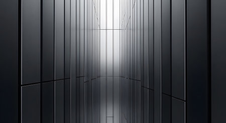 A dark metallic corridor with vertical panels and a bright white light at the vanishing point.