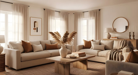 Sofas showing modern living room with two sofas, a wooden coffee table, and large windows.