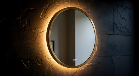 Backlighting showing circular brass framed mirror with dramatic backlighting against a textured...