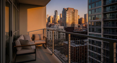 City showing apartment balcony at sunset with city skyline and warm golden light.