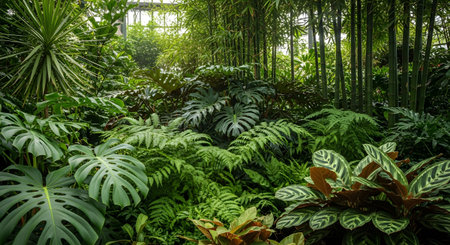 Monstera showing abundant green tropical plants including monstera, ferns, and bamboo in a...
