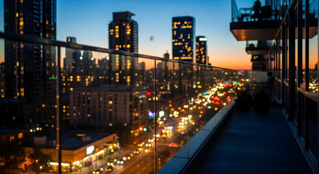 Blurred city lights view from a balcony at dusk.