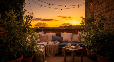 showing balcony seating area with string lights and plants during a vibrant sunset.の写真素材