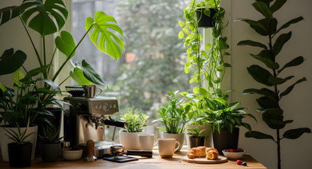 showing espresso machine and plants on a wooden counter by a window. resolutionの写真素材