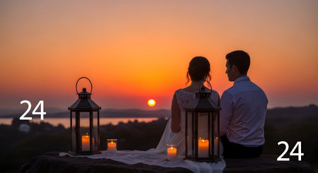 showing couple silhouetted against a vibrant orange sunset with lanterns and candles on a...の写真素材