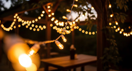 Softly blurred outdoor scene at night with glowing string lights creating a warm, inviting...