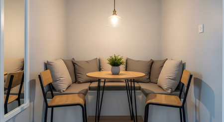 A cozy dining nook a built-in bench, a round table, two chairs, and a pendant light.......