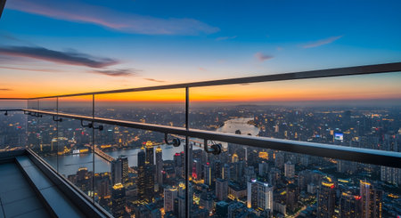 A sprawling cityscape at dusk with a river and bridges viewed from a high-rise balcony with a...