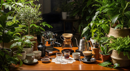 Coffee showing home coffee brewing station with espresso machine and chemex surrounded by...