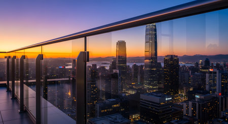 showing hong kong skyline at twilight with a glass balcony railing and vibrant orange and...