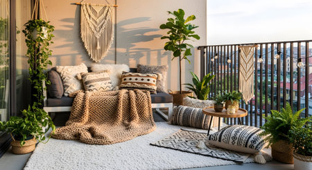 showing bohemian balcony oasis with macrame wall hangings and lush green plants.
