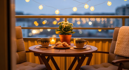 showing evening balcony gathering with coffee, croissants, and candlelight.