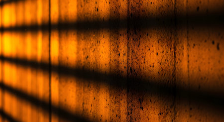 Horizontal bands of bright orange light and dark shadow create a striped pattern across the...