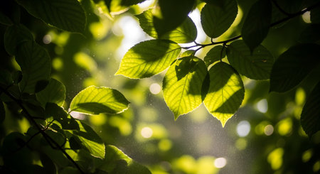 showing close-up of bright green leaves with sunlight and dust particles in the air.