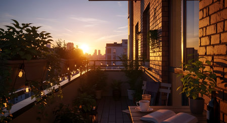 Coffee showing cozy balcony with book and coffee overlooking city at sunset with warm light....の写真素材