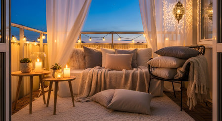 showing cozy balcony lounge area with candles, pillows, and string lights at dusk.