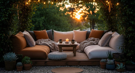 showing cozy outdoor seating area with sofas, pillows, and candles under string lights....