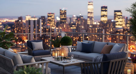 Blurred showing cozy rooftop seating area with comfortable furniture and blurred city lights at...