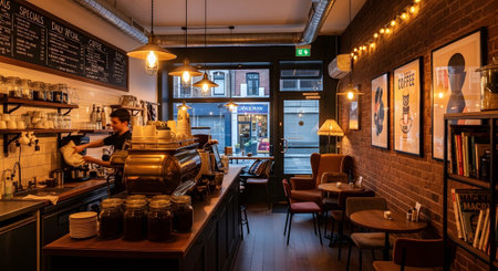 Interior of a cozy coffee shop with exposed brick walls, a large espresso machine, and...
