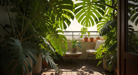 City showing lush green monstera plants on a sunlit balcony with a wicker chair and small table...の写真素材