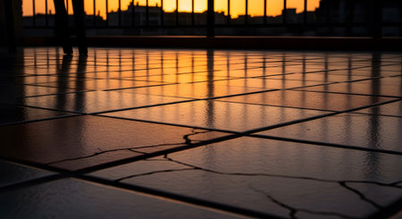 City showing cracked tiled floor reflecting a vibrant orange sunset and city skyline.の写真素材