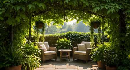 showing inviting outdoor seating area under a leafy green canopy with comfortable...の写真素材