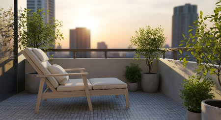 A wooden chaise lounge with cushions is on a tiled balcony overlooking a city at sunset.