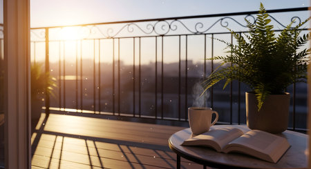 Golden sunrise light streams across a wooden balcony, illuminating a steaming coffee cup and...
