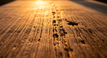 Macro showing macro view of rough wooden surface with deep grooves and warm golden light.