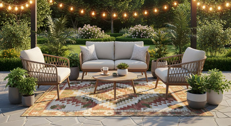 Coffee showing outdoor patio furniture set with sofa chairs and coffee table on a patterned rug....