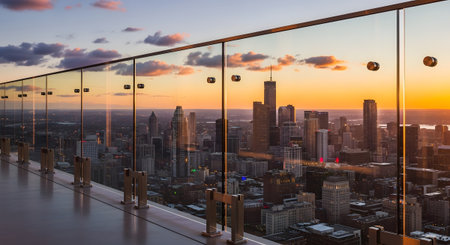 A panoramic city skyline at sunset viewed from a high-rise balcony with a glass railing.