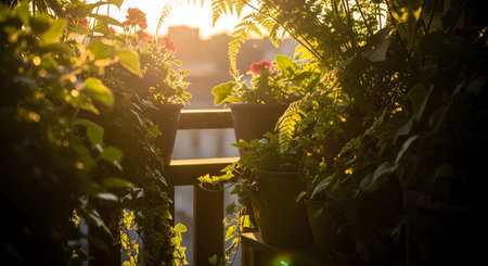 An overgrown balcony garden with abundant lush foliage and flowers, illuminated by the warm,...