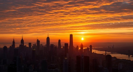 Clouds showing city skyline at sunrise with dramatic orange clouds and bright sun.