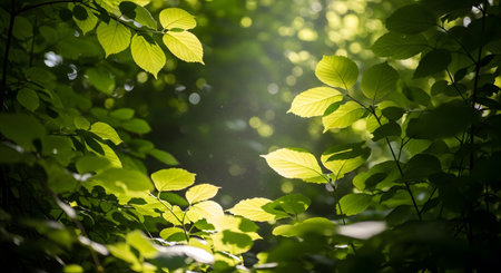 showing sunlight filtering through lush green leaves in a forest canopy. resolution...