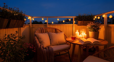 showing nighttime balcony with rattan chairs, table, book, candles, and string lights....の写真素材