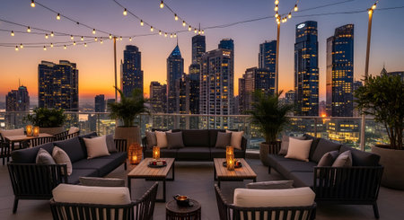 City showing spacious rooftop lounge area with multiple seating arrangements and city skyline at...