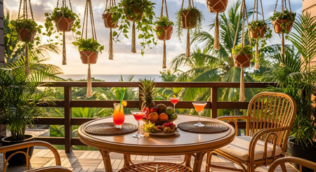 A tropical balcony with rattan furniture, colorful cocktails, fruit, and an ocean view at sunset.