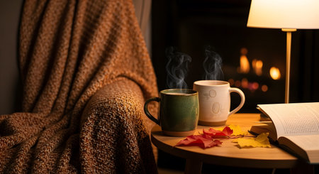 Mugs showing two steaming mugs and autumn leaves on a table near a fireplace and a lamptitle:...の写真素材
