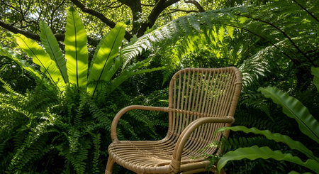 Sun-dappled showing woven rattan chair placed in a sun-dappled tropical garden with large palm...