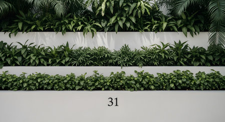 showing three tiers of lush green plants arranged on white horizontal shelves with the...