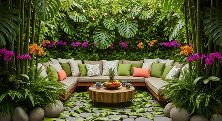 showing tropical outdoor lounge area with au-shaped sectional sofa surrounded by vibrant...