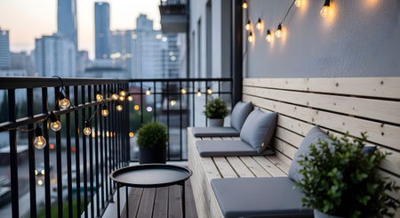 Lights showing urban balcony with string lights and wooden bench overlooking city skyline at...
