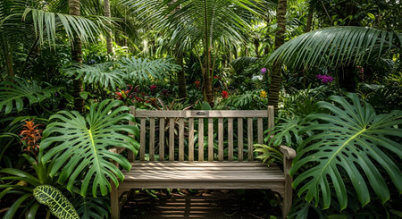 A wooden bench is situated within a tropical greenhouse featuring numerous palm trees and large,...