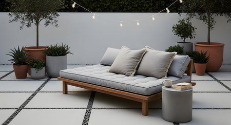 An outdoor patio area with a wooden daybed, gray cushions, and decorative string lights.