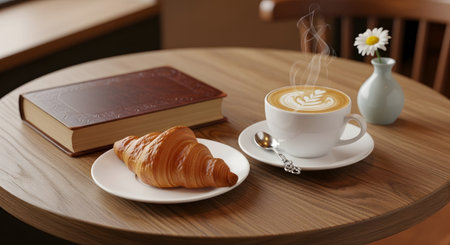 A steaming cup of coffee with latte sits on a saucer next to a croissant and a book.......