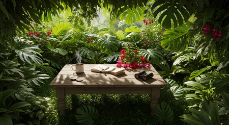 An open book and binoculars sit on a wooden table within a vibrant lush jungle....の写真素材