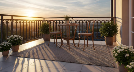 With showing balcony with ornate railing, bistro set, and blooming flowers at sunset.の写真素材